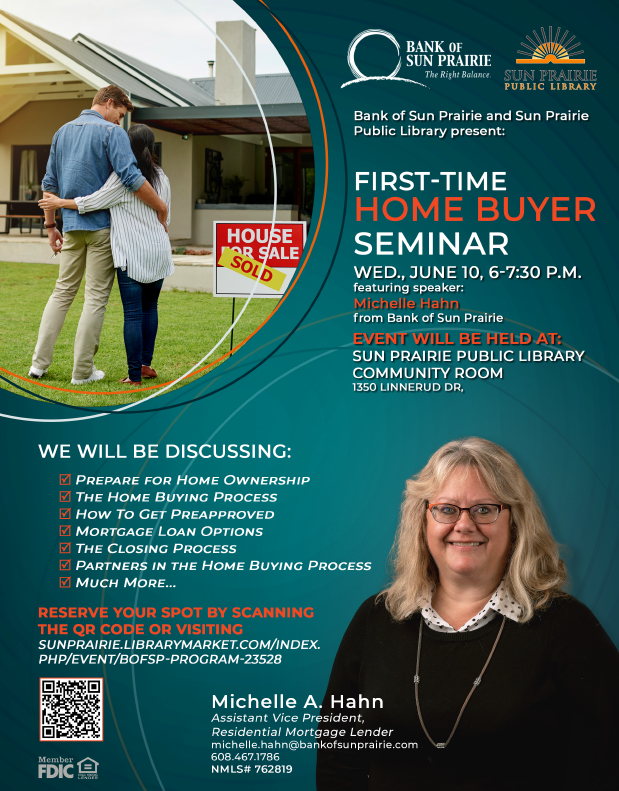 home buying seminar michelle hahn mortgage lender first-time buyers june 10 2026 sun prairie public library